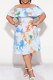 Baby Blue Elegant Gradient Print Ruffle Off Shoulder Printed Plus Size Dresses