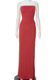 Red Sexy Solid Color Patchwork Backless Strapless Strapless Dresses
