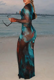 Blue Elegant Print Patchwork See-Through O Neck Long Dresses