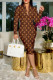 Brown Sexy Letters Patchwork Zipper Deep V Neck Wrapped Skirt Dresses