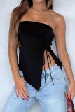 Black Sexy Casual Solid Color Backless Slit Belted Strapless Tops