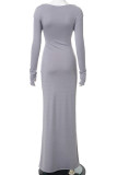 Grey Elegant Solid Color Patchwork Ruched O Neck Long Dresses