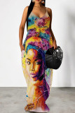 Red White Elegant Print Patchwork Backless Spaghetti Strap Sling Dresses