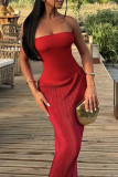 Red Sexy Solid Color Patchwork Backless Strapless Strapless Dresses