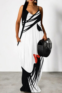 Black And White Elegant Print Patchwork Backless Spaghetti Strap Sling Dresses