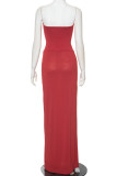 Red Sexy Solid Color Patchwork Backless Strapless Strapless Dresses
