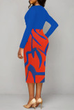 Red Elegant Geometric Print Contrast V Neck Printed Dresses