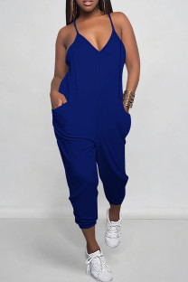 Blue Sexy Solid Color Pocket Patchwork Backless Spaghetti Strap Regular Jumpsuits