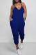 Blue Sexy Solid Color Pocket Patchwork Backless Spaghetti Strap Regular Jumpsuits