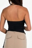 Black Sexy Casual Solid Color Backless Slit Belted Strapless Tops