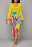 Red Elegant Geometric Print Contrast V Neck Printed Dresses