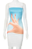 Blue Sexy Print Patchwork Backless Strapless Wrapped Skirt Dresses