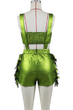 Rose Red Sexy Fringed Trim Hollow Out Pocket Patchwork Backless Strapless Sleeveless Two Pieces