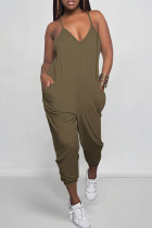 Brown Sexy Solid Color Pocket Patchwork Backless Spaghetti Strap Regular Jumpsuits