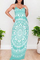 Cyan Elegant Print Patchwork Backless Spaghetti Strap Sling Dresses
