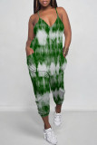 Yellow Casual Street Tie Dye Print Pocket Contrast V Neck Loose Jumpsuits