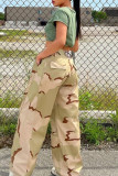 Khaki Casual Camouflage Print Buttons Patchwork Zipper Loose Mid Waist Wide Leg Full Print Bottoms