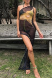 Black Casual Print See-Through Slit Oblique Collar Long Dresses