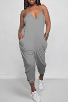 Grey Sexy Solid Color Pocket Patchwork Backless Spaghetti Strap Regular Jumpsuits