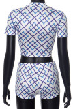White Sexy Plaid Patchwork Deep V Neck Short Sleeve Two Pieces
