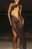 Black Casual Print See-Through Slit Oblique Collar Long Dresses
