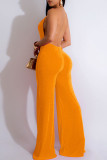 Yellow Sexy Solid Color Patchwork Deep V Neck Regular Jumpsuits
