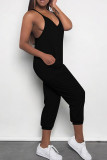Blue Sexy Solid Color Pocket Patchwork Backless Spaghetti Strap Regular Jumpsuits