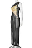 Black Casual Print See-Through Slit Oblique Collar Long Dresses