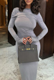 Grey Elegant Solid Color Patchwork Ruched O Neck Long Dresses