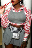 Red White Street Stripe Buckle Patchwork Shirt Collar Tops(Two Pieces)
