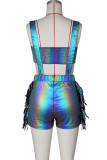 Rose Red Sexy Fringed Trim Hollow Out Pocket Patchwork Backless Strapless Sleeveless Two Pieces