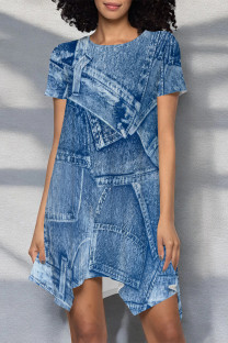 Baby Blue Casual Faux Denim Print O Neck Printed Short Sleeve Dress