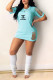 Sky Blue Casual Letter Print Ripped O Neck Short Sleeve Short Sleeve Dress