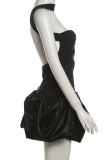 Black Sexy Solid Color Hollow Out Patchwork Backless Halter A Line Dresses
