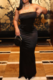 Black Sexy Solid Color Patchwork Backless Strapless Long Dresses