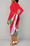 Red Elegant Geometric Print Contrast V Neck Printed Dresses