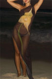 Black Casual Print See-Through Slit Oblique Collar Long Dresses