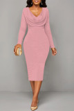 Pink Sexy Solid Color V Neck Printed Dresses