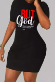 Black Casual Letters Patchwork O Neck Wrapped Skirt Dresses