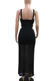 Blue Sexy Hollow Out Patchwork Backless Hot Drill Square Neck Long Dresses