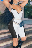 Pink Sexy Patchwork Backless Zipper Contrast Spaghetti Strap Skinny Rompers