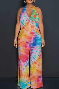 Colour Street Tie Dye Patchwork Backless Strap Design Halter Loose Jumpsuits