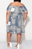 Light Color Casual Print Patchwork Off Shoulder Short Sleeve Plus Size Dresses