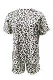 Apricot Casual Leopard Print Patchwork O Neck Half Sleeve Two Pieces