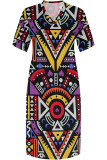 Purple Casual Geometric Print Pocket Contrast V Neck Printed Plus Size Dresses