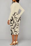 Blue Elegant Colorblock Print Contrast V Neck Printed Dresses