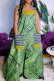 Green Street Stripe Pocket Patchwork Backless Square Neck Loose Jumpsuits