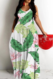 Green White Sexy Casual Floral Print Backless Spaghetti Strap Long Dresses