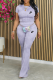 Light Purple Casual Street Letter Print Texture O Neck Short Sleeve Two Pieces