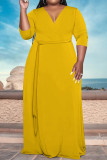 Yellow Casual Solid Color Lace Up V Neck Printed Plus Size Dresses